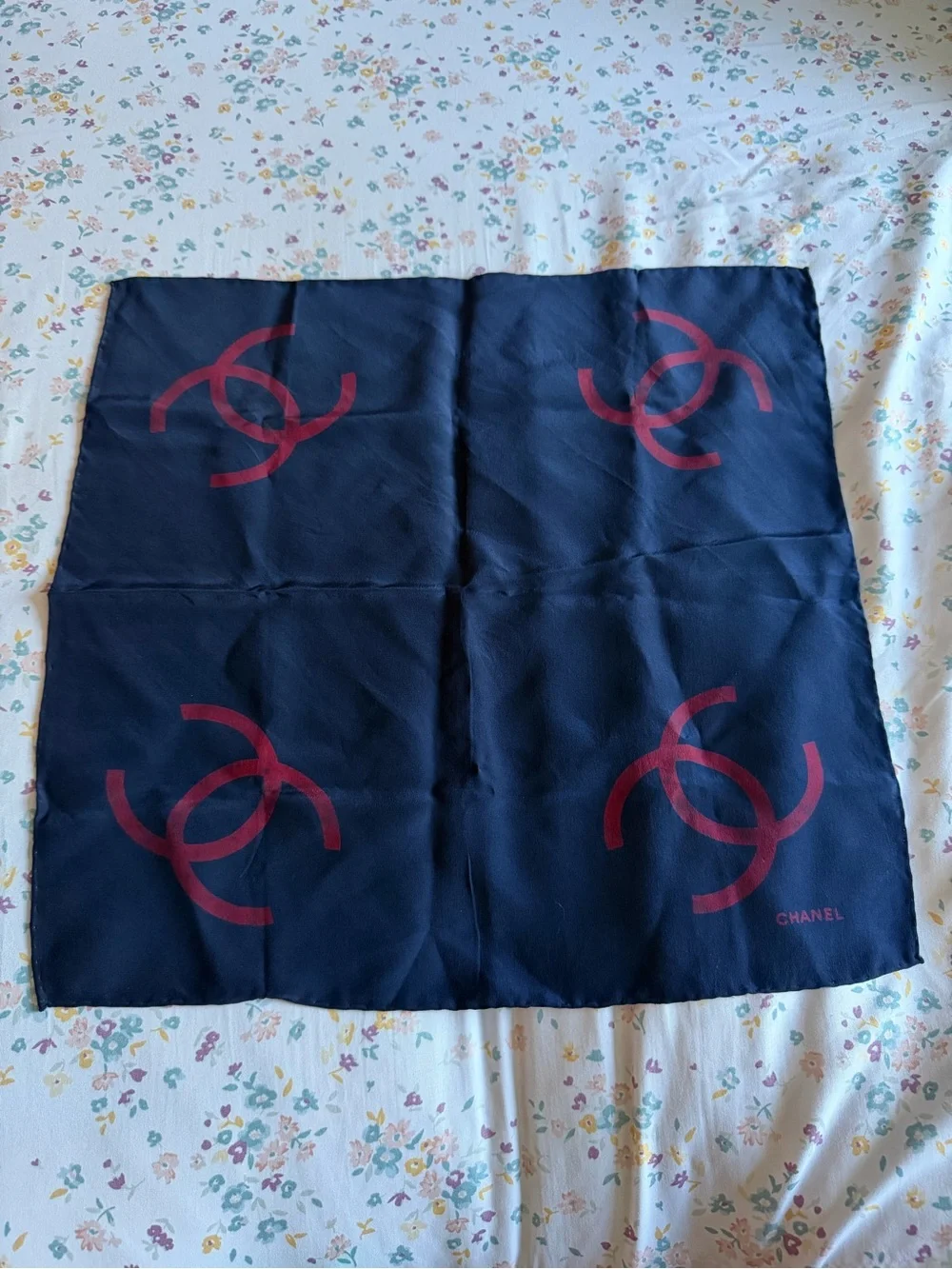 CHANEL Navy Silk Square Scarf with Burgundy Interlocking CCs